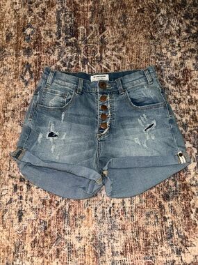 One Teaspoon Light Blue Distressed High-Waist Denim Shorts